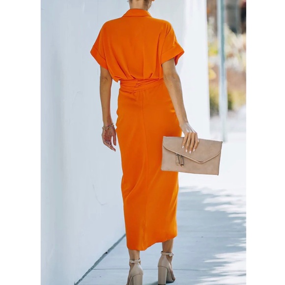 Tie Front Botton Down Midi Shirt Dress - Picture 3 of 4